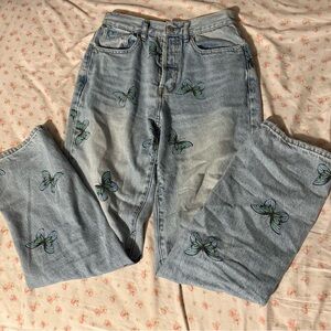 PacSun Light Blue Straight Leg Jeans with Green Butterfly Embroidery